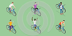 3D Isometric Flat Vector Set of Cycling People