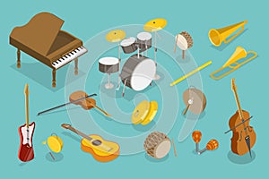 3D Isometric Flat Vector Set of Musical Instruments