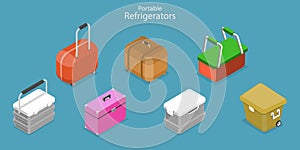 3D Isometric Flat Vector Set of Portable Refrigerators