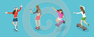 3D Isometric Flat Vector Set of Roller Skating Girls
