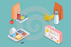 3D Isometric Flat Vector Set of School Lunch Boxes