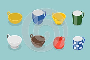 3D Isometric Flat Vector Set of Tea or Coffee Cups