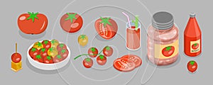 3D Isometric Flat Vector Set of Tomato Elemets and Products