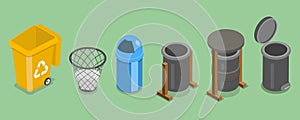 3D Isometric Flat Vector Set of Trash Bins