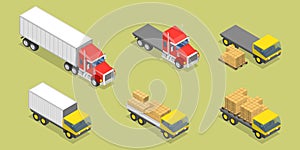 3D Isometric Flat Vector Set of Trucks