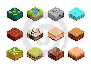 3D isometric ground. Soil surface. Grass lawn. Dirt and lava. Game landscape. Rock slices and layers. Land or stone