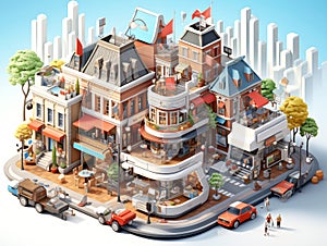 3d isometric illustration Big local shops restaurant and retail shopping buildings Generative AI
