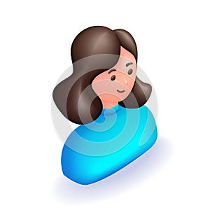 3D Isometric illustration. Cartoon character icon of a girl with long brown hair. Beautiful lush hairstyle. Vector icons