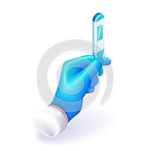 3D Isometric illustration. Cartoon hand in a blue glove holds an electronic thermometer. Concept of health care. Vector