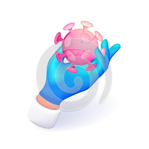 3D Isometric illustration. Cartoon Hand in a blue glove holds an icon of a terrible virus. Vector icons for website