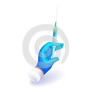3D Isometric illustration. Cartoon hand in a blue glove holds a syringe with a vaccine. Concept of health care. Vector
