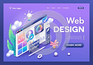 3D Isometric illustration, Cartoon. Mobile application, Software and web development with 3d shapes, bar chart