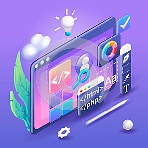 3D Isometric illustration, Cartoon. Mobile application, Software and web development with shapes, bar chart, infographic