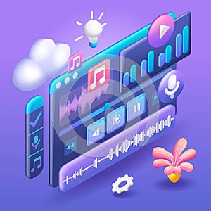 3D Isometric illustration, Cartoon. Music video edit. Display with buttons for cutting video clip, working with audio