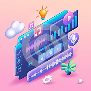 3D Isometric illustration, Cartoon. Music video edit. Display for cutting video clip, working with audio track