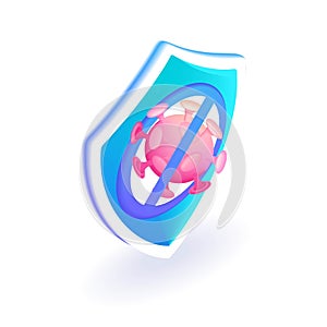 3D Isometric illustration. Cartoon shield icon with the virus crossed out. The concept of virus protection. Vector icons