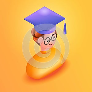 3D Isometric illustration, Cartoon. Student, graduate. Young red-haired boy is happy, he is a graduate. Getting a