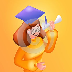 3D Isometric illustration, Cartoon. Student, graduate. Young red-haired girl is happy, She is a graduate. Getting a