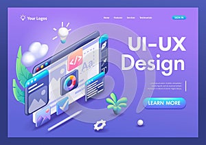 3D Isometric illustration, Cartoon. Web UI-UX design, web development concept. Web design, application design, coding
