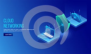 3D isometric illustration of security shield between pc and cloud server for data protection concept landing page or web template