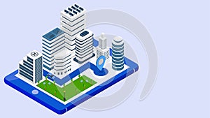3d isometric illustration of smart city view with taxi tracking location from smartphone.