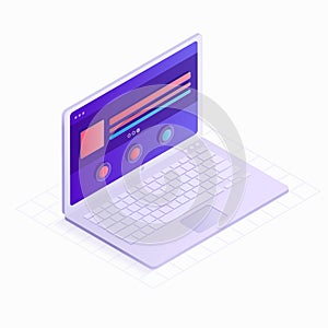 3D Isometric laptop flat design vector illustration. LCD monitor with website icon isolated on white background. Concept