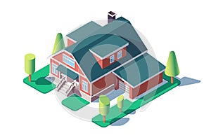 3d isometric large residential building with green tree, lawn and garage.