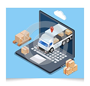 3D isometric Logistic concept with delivery truck carrying packages on a laptop\'s GPS map, Delivery service online. Vector