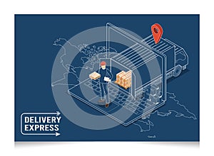 3D isometric Logistics and Delivery services concept with Man sending delivery package with truck from suppliers to buyers and