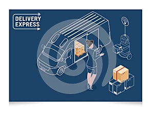 3D isometric Logistics and Delivery services concept with Robot delivers boxes to working women at home or office, online order