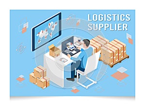 3D isometric Logistics Supplier concept with businessman working at a table with a product in a parcel box. Vector illustration