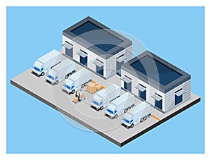 3D isometric logistics Warehouse Work Process Concept with Transportation operation service, Export, Import, Cargo, Forklif,