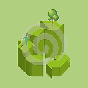 3D Isometric of a man runs on a loop of step RECYCLE Symbol with a tree. Recycling cycle concept