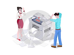 3d isometric man and a woman in the office print and make a photocopier on the printer. Error and breakage of the copier