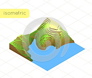 3d isometric map with transitions of vertices. Colorful flat landscape. Travel, tourism, navigation and business background