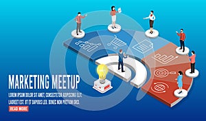 3D isometric Marketing meetup concept with People Brain Storming, sharing experience, marketing expertise, organization, working