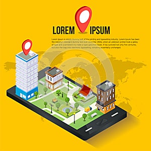 3d isometric mobile GPS navigation concept