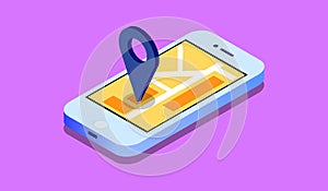 3d isometric mobile GPS navigation concept, Smartphone with city map application and marker pin pointer, vector EPS