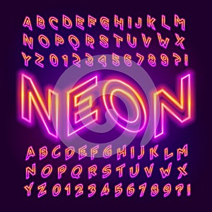 3D Isometric Neon alphabet font. Two neon colors letters and numbers.