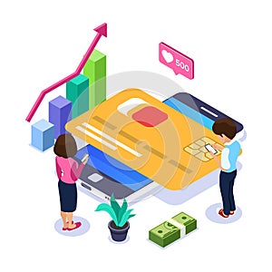3d Isometric online banking concept. Man and a woman perform financial transactions using a mobile device via the