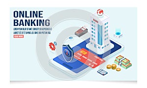 3d isometric Online banking and payment concept with mobile payments, Financial transaction, Transfer money from card.  Vector