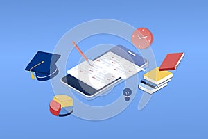 3D isometric page template for online examination on smartphone or computer. Online test, opinion checklist, online education, que