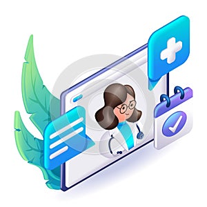 3D Isometric people character illustration. Cartoon Concept of online consultation doctor. Online medicine, healthcare