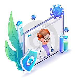 3D Isometric people character illustration. Cartoon doctor online consultation. Online medicine, healthcare. Virus