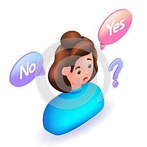 3D Isometric people character illustration. Cartoon girl standing confusedly to choose yes or no. Concept of choice