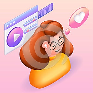 3D Isometric people character illustration. Cartoon happy girl enjoys listening to music. Red - haired girl with