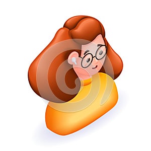 3D Isometric people character illustration. Cartoon young cheerful red-haired girl, young woman. Teenager with glasses