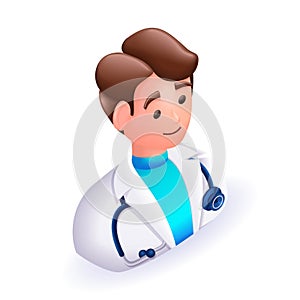 3D Isometric people character illustration. Cartoon young doctor. Handsome medical worker with a Stethoscope. Vector for