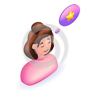 3D Isometric people character illustration. Cartoon Young woman thinking and dreaming of a reward. Mind behavior, mental