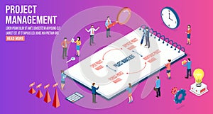 3d isometric Project management concept with people working with diagrams, graphs, financial analytic and Business Infographic